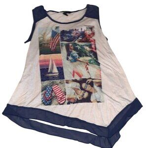 Style & Co Womens Sleeveless Patriotic Graphic Top With Blue Trim